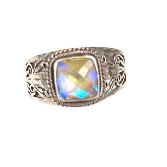 Natural Rainbow Moonstone Sterling Faceted Bezel Set Handmade Ring Size 8 - Picture 2 of 8